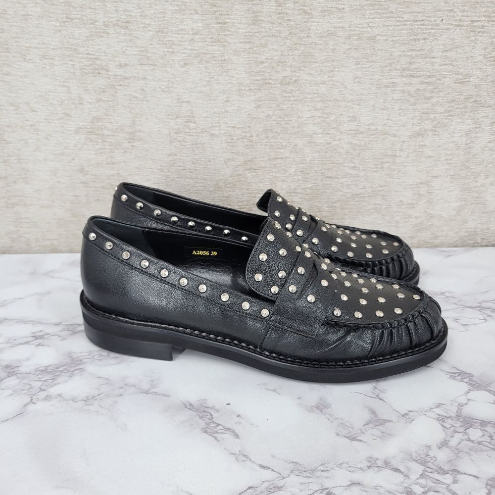 NAPOLEONI Black MadeโIn Italy Leather Wrinkle Loafers With Studs 39/9 Like NEW